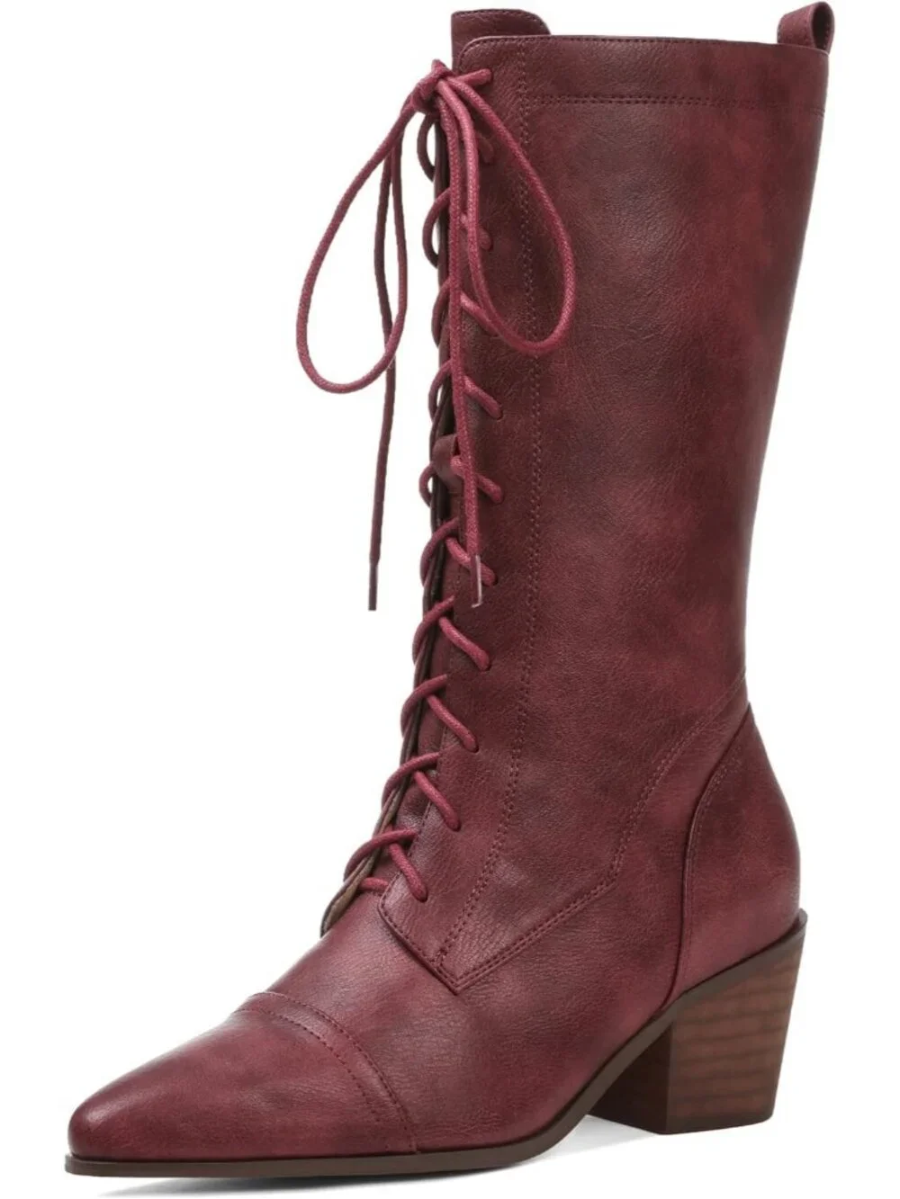 Women's Red Lace Up Chunky Heel Vintage Combat Heeled Dress Casual Boots